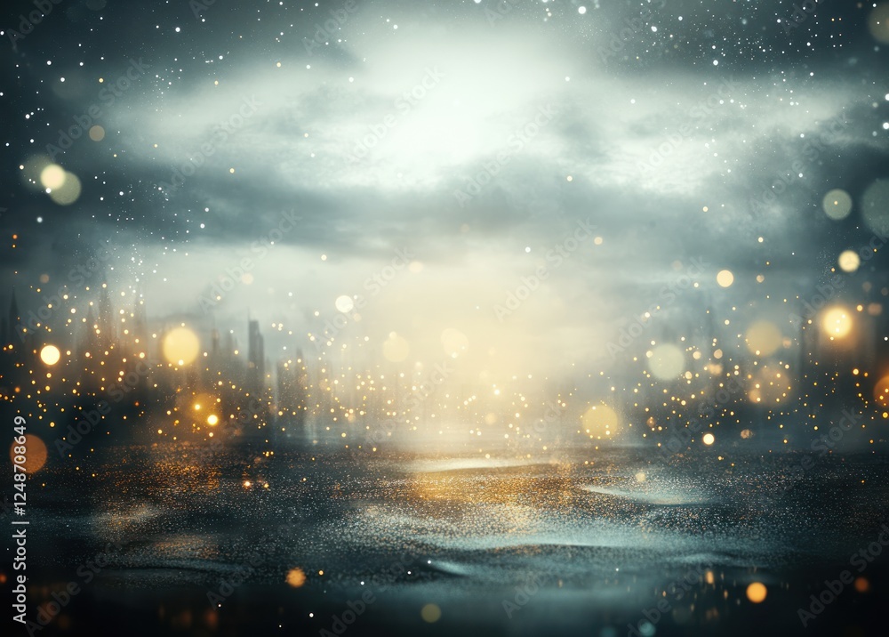 Poster mystical foggy landscape with floating lights over a calm water surface and blurred cityscape in bac