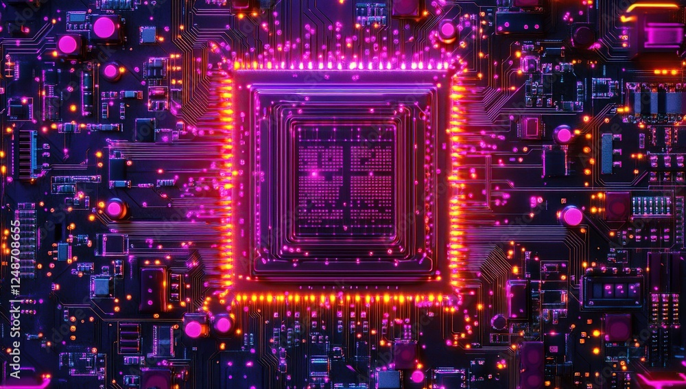 Poster circuit board's glowing processor: central processing unit's intricate design illuminates technologi