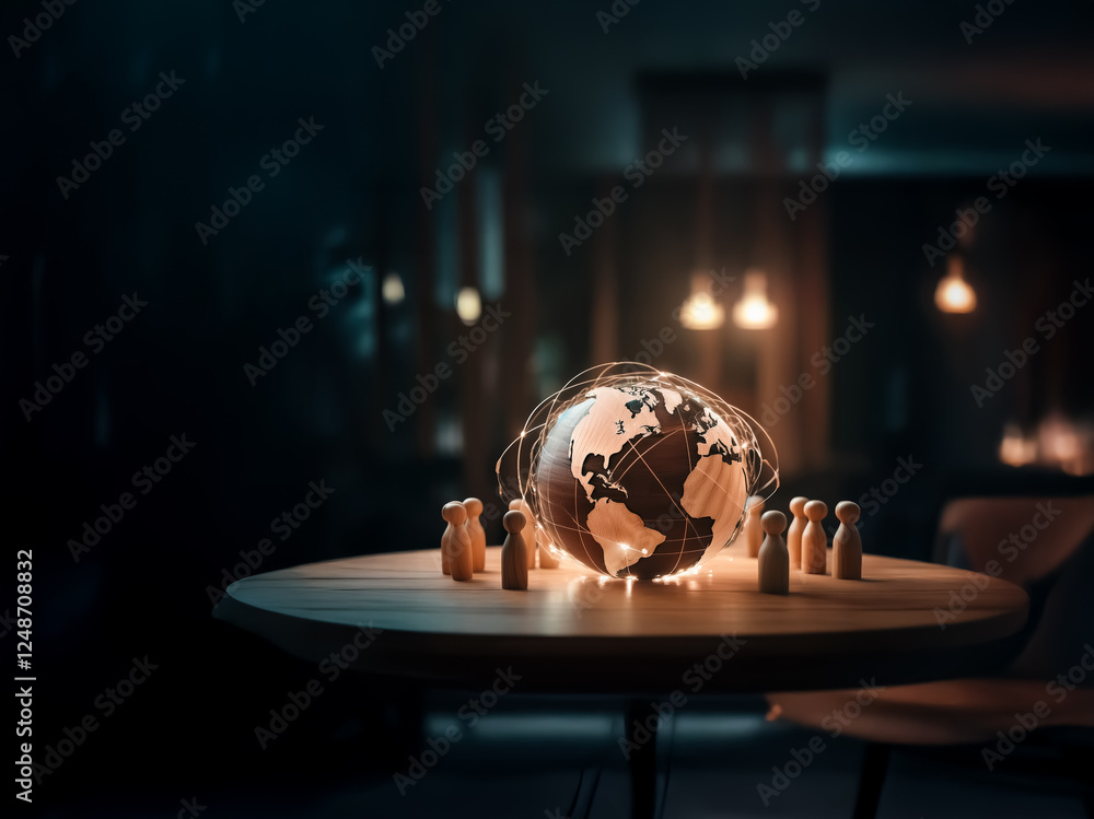Poster glowing globe on a round wood table encircled by small wooden figures in a dimly lit room, symbolizi