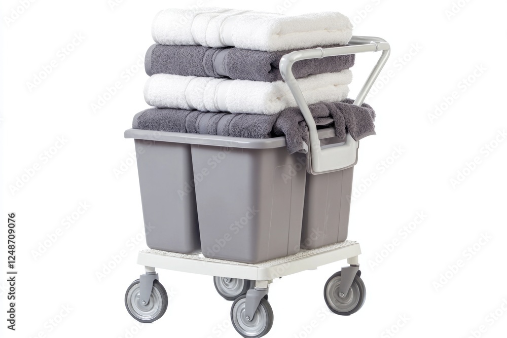 Poster stack of towels placed on top of a cart