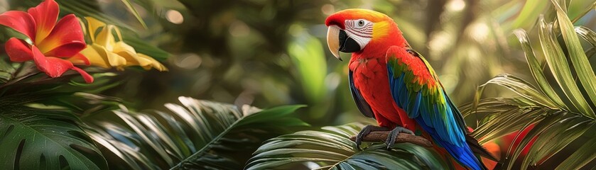 Fototapeta premium A vibrant parrot perched among lush foliage and colorful flowers, showcasing its striking plumage in a tropical setting.