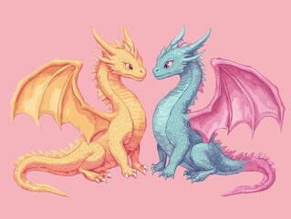 Obraz premium Vintage Illustrated Artwork of Three Unique Dragons in Simple Vector Style with Colorful Features