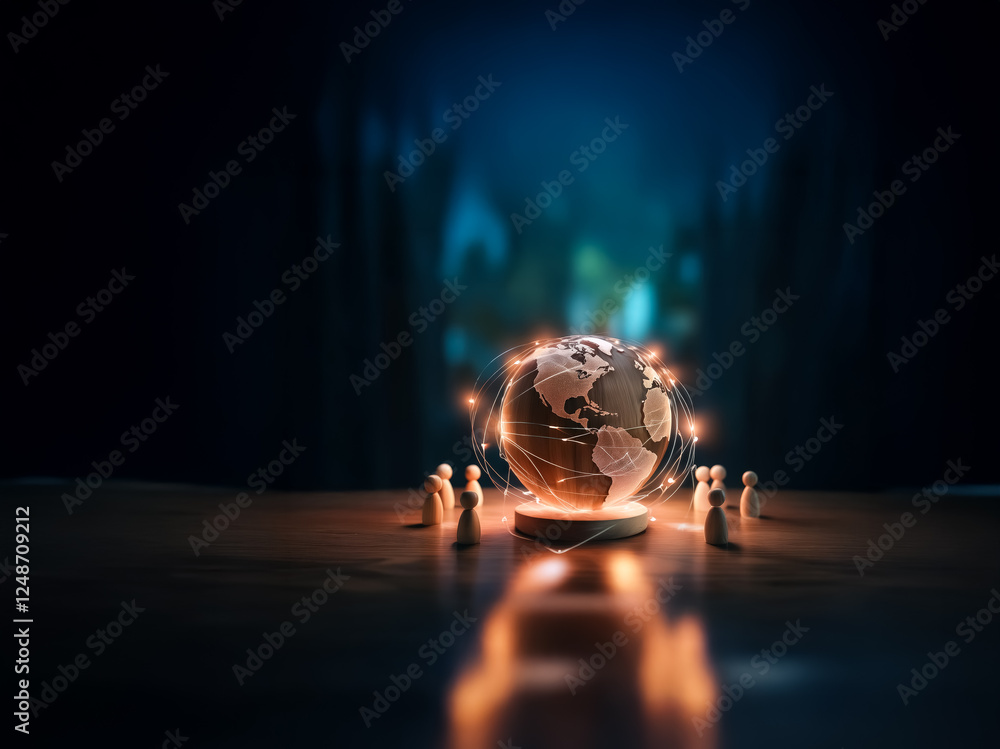 Poster A glowing globe sits on a pedestal surrounded by small figures, illuminated by a warm light in a dark, mysterious setting. It evokes a sense of global connection and futuristic technology.