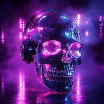Futuristic Cyberpunk Disco Skull with Neon Lights and Headphones
