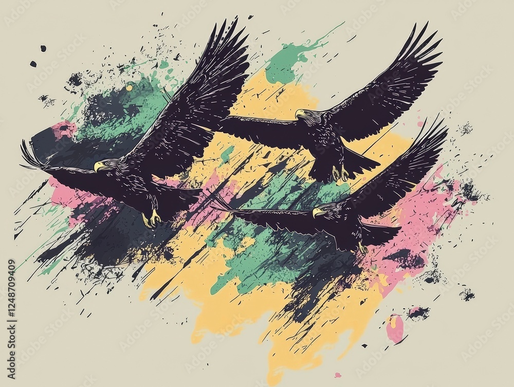 Poster vintage vector illustration of three eagles in dynamic flight with colorful background elements
