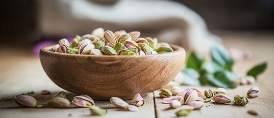 Freshly shelled pistachios in a wooden bowl surrounded by natural elements on a rustic table
