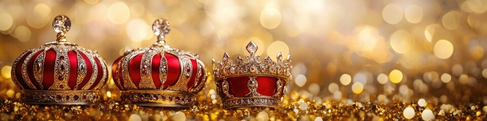 Three regal crowns sit atop a table, awaiting their royal owners