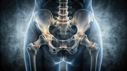 Double exposure X-ray art reveals intricate hip bone anatomy through medical imaging's captivating artistry.