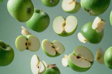 A group of green apples in mid-air, suspended by an unseen force