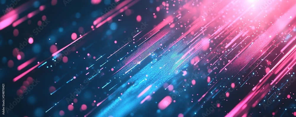 Poster digital streams: abstract pink & blue light trails flowing dynamically across dark background