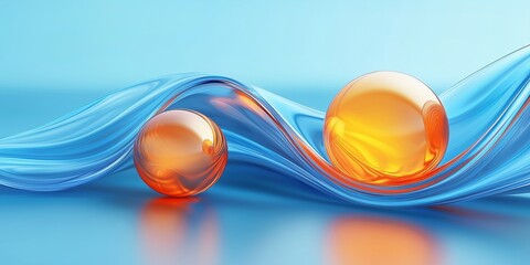 Abstract 3D render featuring blue flowing waves and two glossy orange spheres, fluid motion design