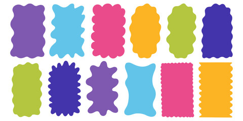 Color Funky Wavy Frame Set. Retro Border Scallop Shape Collection. Abstract Vector Isolated Clip Art
