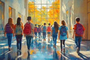Naklejka premium Children Walking Together in School Hallway Engaging with Teacher