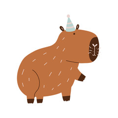Cute Character Birthday Capybara. Capibara Mascot Kawaii. Hand Drawn Flat Vector Illustration