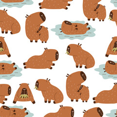 Cute Character Capibara Seamless Pattern. Capybara Mascot Kawaii Background. Hand Drawn Flat Vector Wallpaper