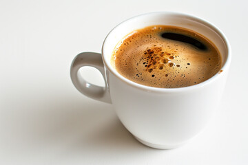 Classic white coffee cup with a dark espresso inside, positioned on a white background.