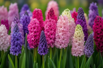 Fototapeta premium Colorful hyacinth flowers blooming in a vibrant spring garden with various shades of pink and purple