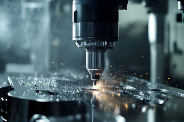 Precision Engineering: CNC Machine in Action, Metal Cutting with Vivid Sparks, High-Tech Manufacturing, Industrial Power, Technological Advancement,  