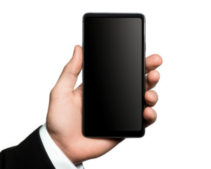 businessman holding smartphone with blank screen, showcasing modern technology and communication. image conveys professionalism and innovation