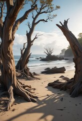 Seashore landscape with gnarled tree trunks and twisted branches, ocean, gnarled