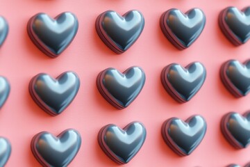 Fototapeta premium A cluster of brown chocolate hearts on a bright pink background, ideal for use in food-related or gift-themed projects