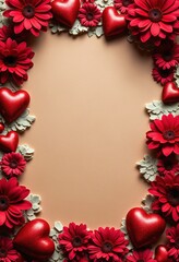 Romantic Floral Frame with Red Hearts on Kraft Paper Texture