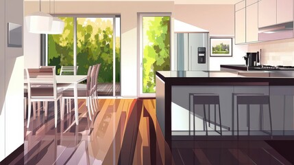 Fototapeta premium Modern Kitchen and Dining Area with a View of the Trees