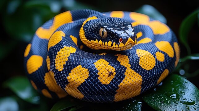 Coiled yellow and black python on leaves.