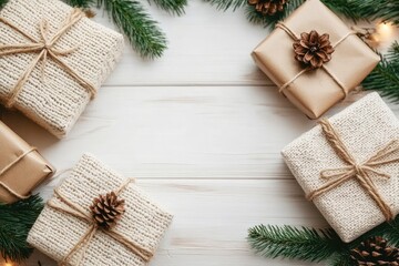 Fototapeta premium Christmas gifts wrapped in paper with knitted blanket and pine branches on rustic white wooden table