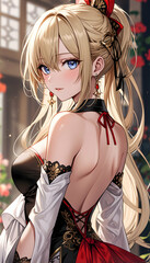 beautiful young anime girl in beautiful red dress outfit