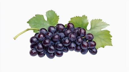Fototapeta premium A bunch of fresh, dark purple grapes with green leaves, showcasing their natural beauty and juicy texture.