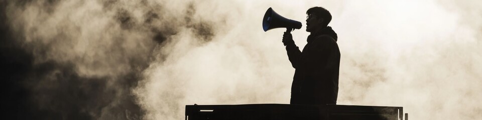 Fototapeta premium A person holds a megaphone atop a building, possibly for public speaking or protesting