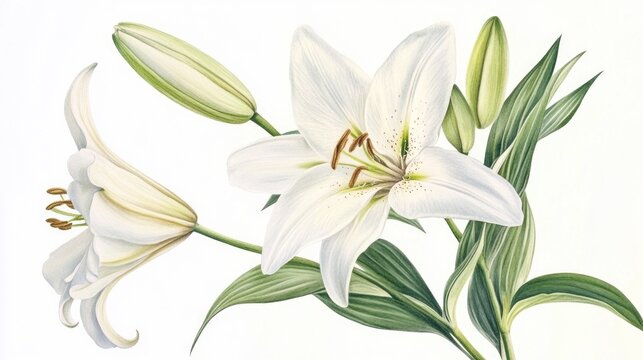 A close-up shot of a white lily with green leaves, ideal for use in floral designs or as a symbol of purity