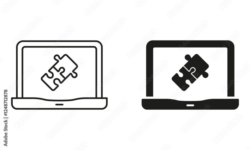 Poster online jigsaw game in laptop line and silhouette icon set. puzzle app in computer icon. web digital 
