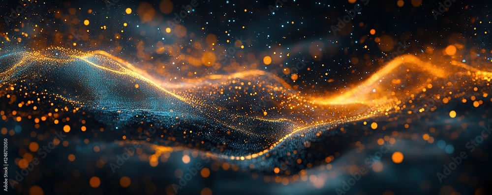 Poster abstract particle waves flowing dynamically in orange and blue hues, shimmering with glowing effects