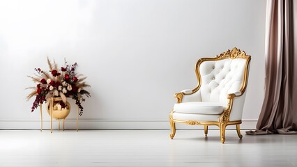Luxury Chair banner with empty space Without Text, White luxury background, interior furniture design mockup, holiday banner poster background for advertisement ads