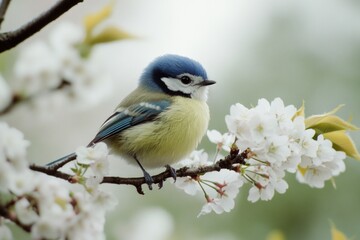 Fototapeta premium A bright blue and yellow bird perches on a branch, with leaves and bark visible