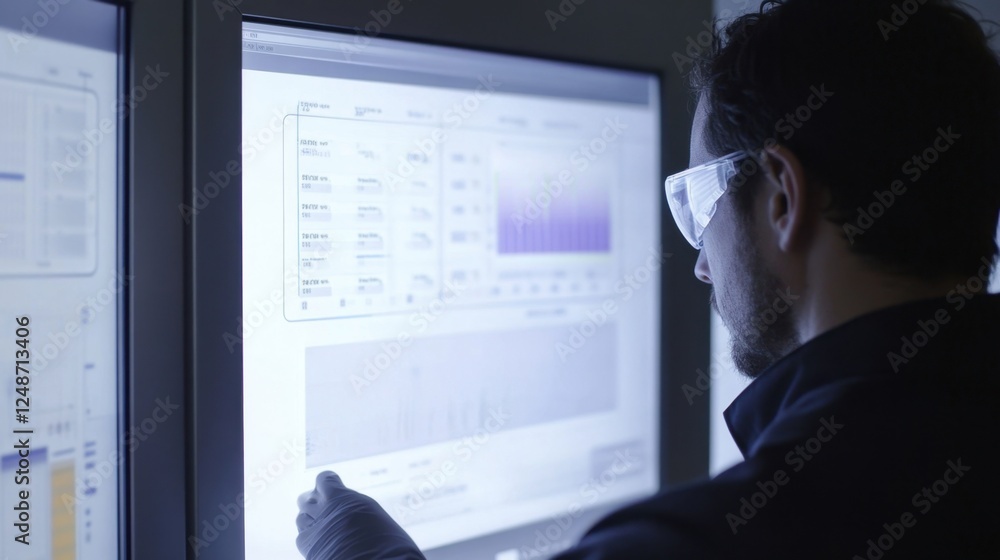Poster scientist wearing protective eyewear analyzing complex data on a digital screen. the focus is on tec