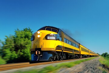 Yellow train speeding countryside, sunny day