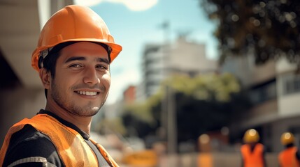 A smiling young male construction worker in a bright orange vest and hard hat stands in front of a lively cityscape, radiating positivity and enthusiasm for his job.