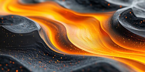 realistic molten lava streams moving across rough black terrain, intense glowing effect