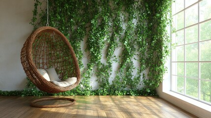 Obraz premium Serene Relaxation: Wicker Egg Chair in a Verdant Indoor Oasis