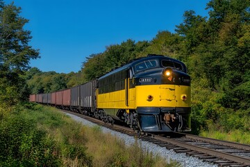Obraz premium Vintage diesel locomotive hauling freight through autumn woodland