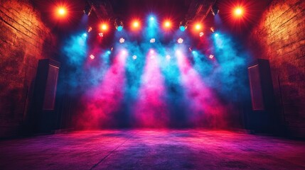 Colorful stage lighting in smoky concert hall.