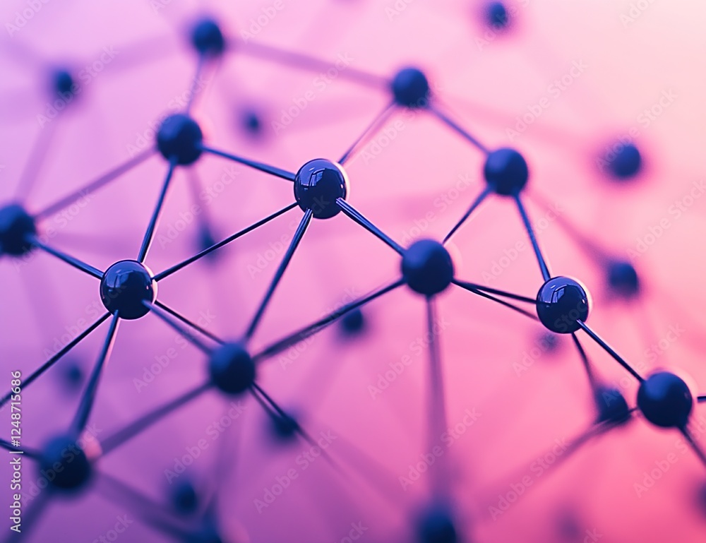 Poster exploring molecular structures: network visualization of atoms connected by bonds in vibrant hues