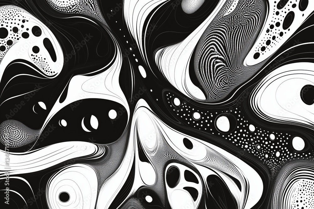 Poster intricate black and white abstract design featuring swirling patterns and dynamic shapes