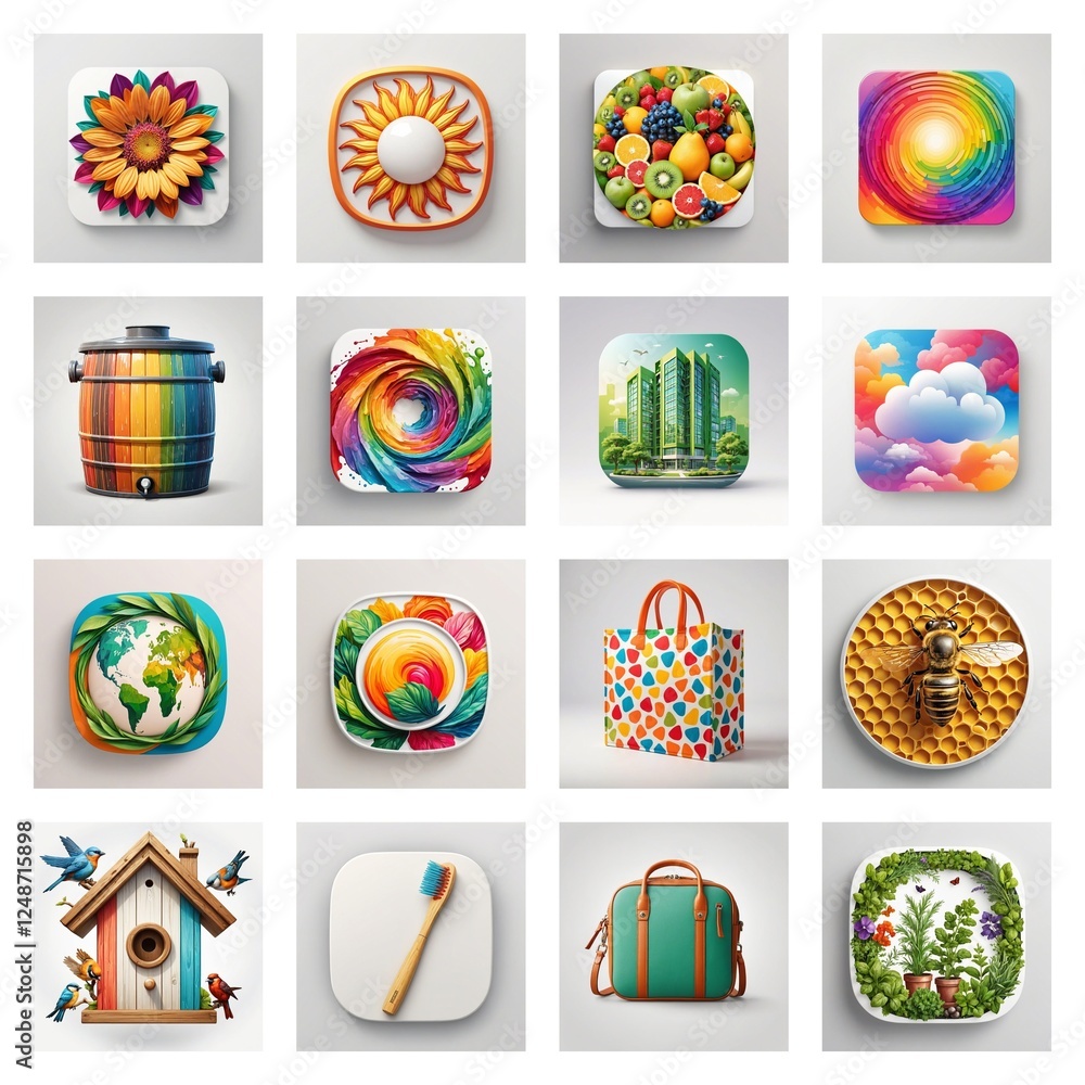 Poster Collection of vibrant app icons for game and web design. Diverse icon set for application design, web interfaces, and game development.