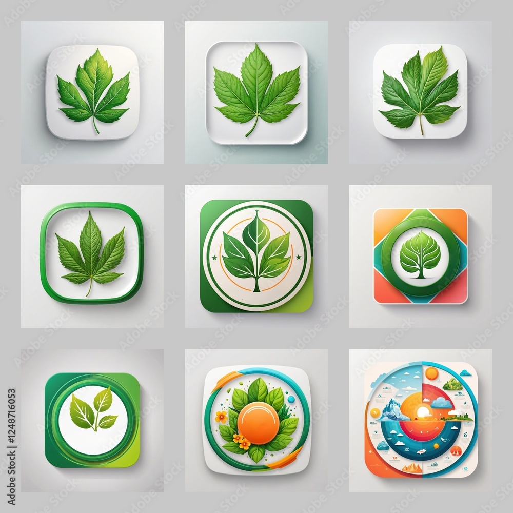 Poster green leaf icon collection with nature theme, for app, game, web design. various styles in icon desi