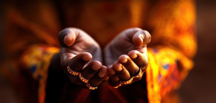A close-up of open hands, symbolizing hope, kindness, and the act of giving in a vibrant cultural setting.