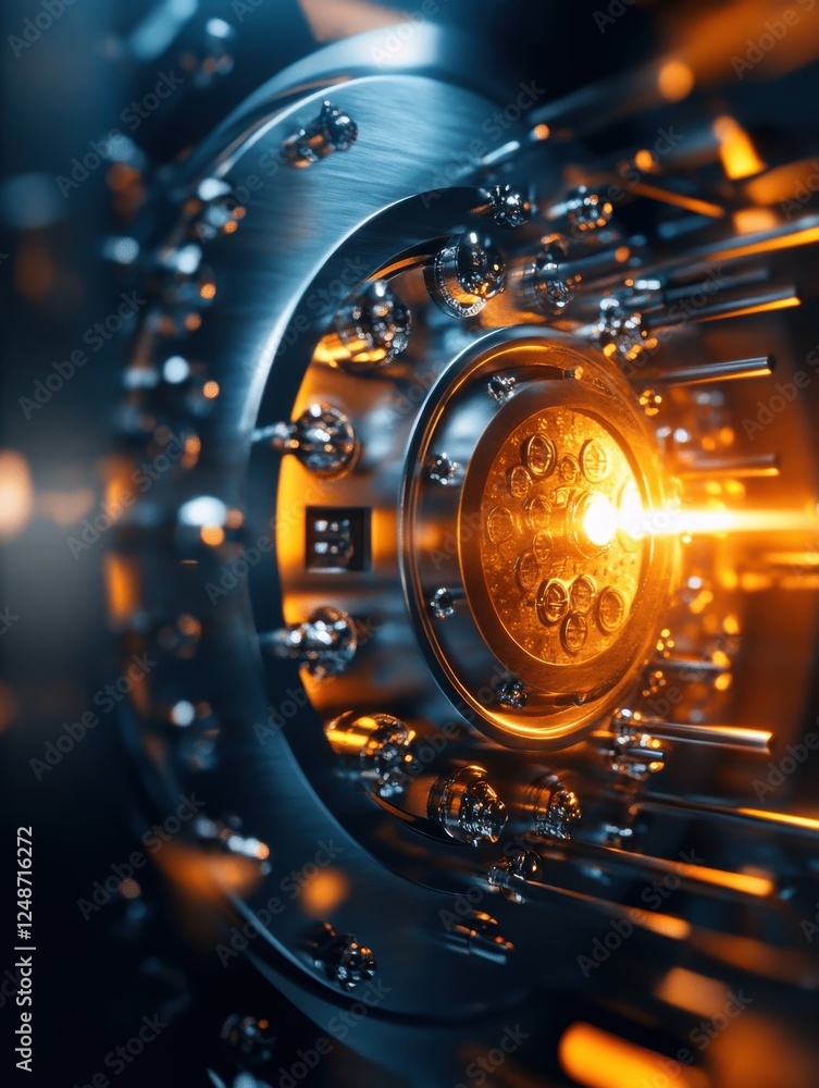 Poster a close-up view of a futuristic vault mechanism, showcasing intricate details and glowing elements, 